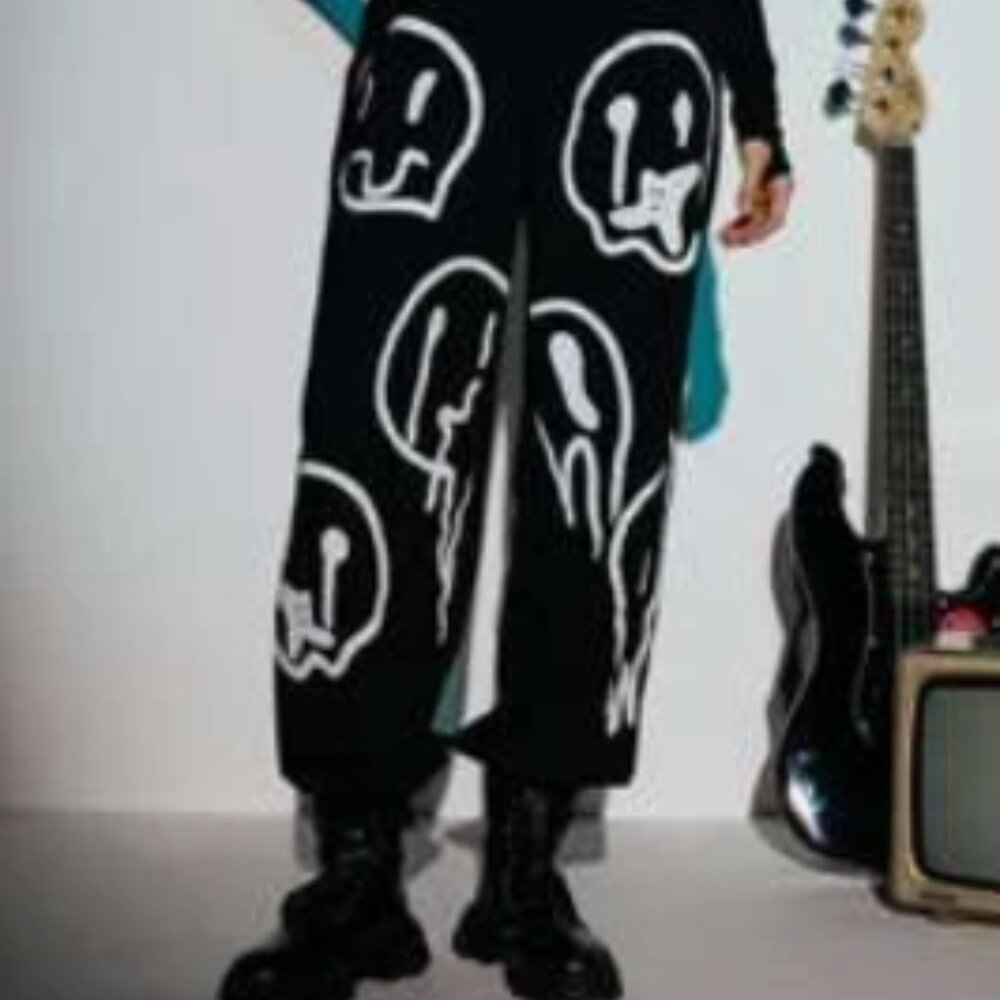B&W Melting Face/Trippy Smiley Graphic Elastic Waist Sweatpants/Joggers. Size L.